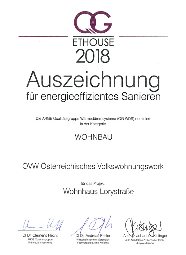 Auszeichnung für energieeffizientes Sanieren für das Projekt Wohnhaus Lorystraße